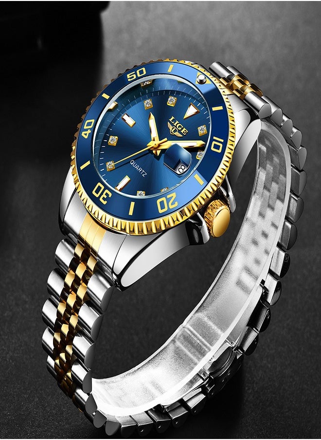 Men's Business Blue Dial Quartz Watches Luxurious and Elegant with Stainless Steel Band