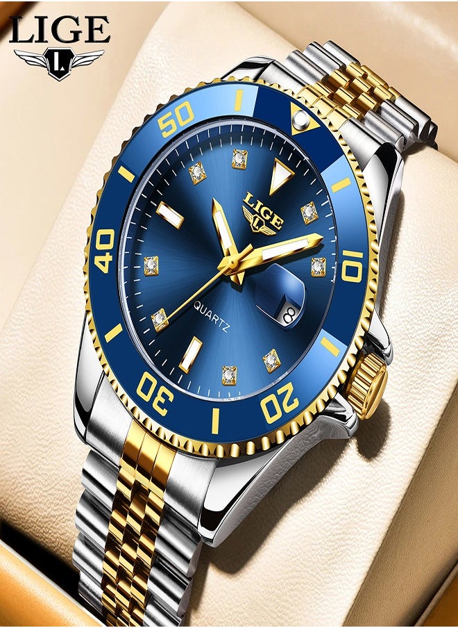 Men's Business Blue Dial Quartz Watches Luxurious and Elegant with Stainless Steel Band