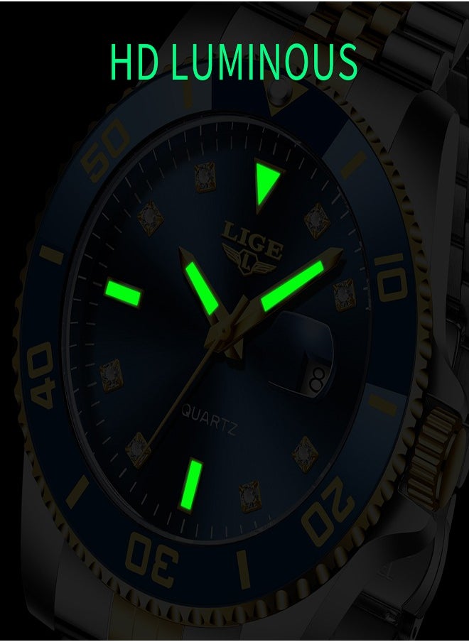 Men's Business Blue Dial Quartz Watches Luxurious and Elegant with Stainless Steel Band