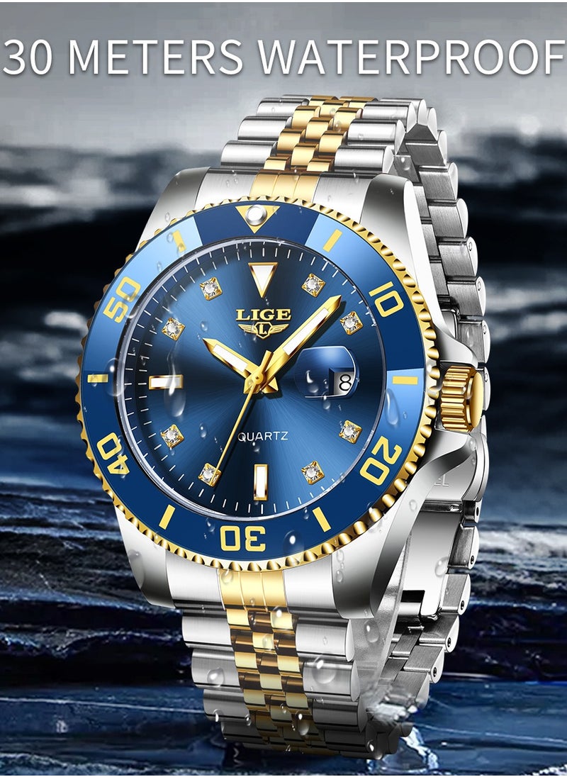 Men's Business Blue Dial Quartz Watches Luxurious and Elegant with Stainless Steel Band