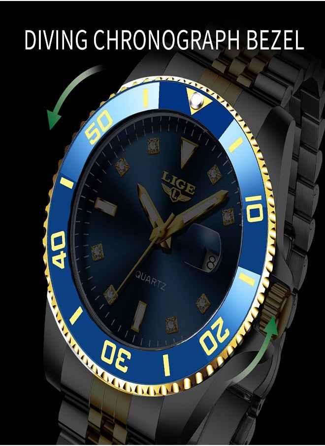 Men's Business Blue Dial Quartz Watches Luxurious and Elegant with Stainless Steel Band