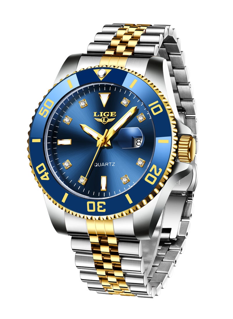 Men's Business Blue Dial Quartz Watches Luxurious and Elegant with Stainless Steel Band