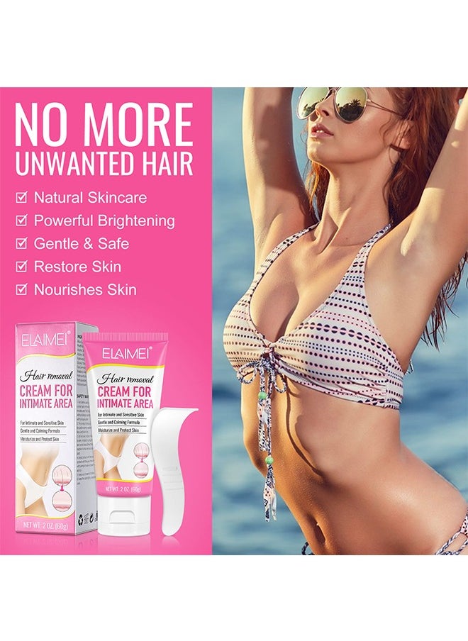 Hair Removal Cream For Intimate Area，Painless Flawless Depilatory Cream For Private Areas, Pubic, Bikini, Body, Leg, And Underarms, Sensitive Formula For All Skin Types, Long-Lasting Fast-Acting 60g