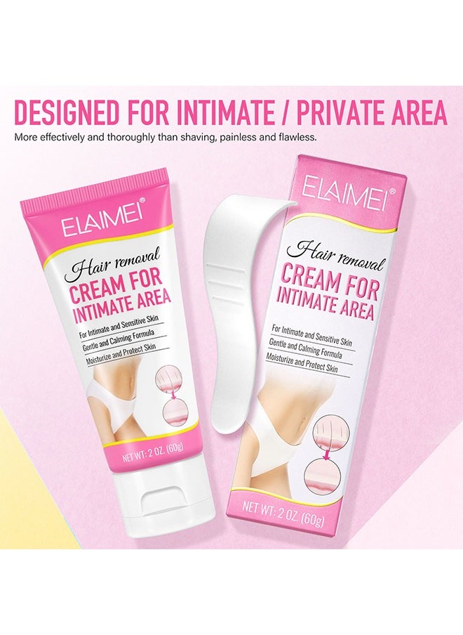 Hair Removal Cream For Intimate Area，Painless Flawless Depilatory Cream For Private Areas, Pubic, Bikini, Body, Leg, And Underarms, Sensitive Formula For All Skin Types, Long-Lasting Fast-Acting 60g