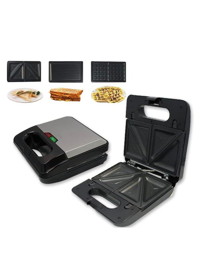 3 in 1 Sandwich Maker Waffle Grill Toaster | Non-Stick Breakfast Snack Maker | Interchangeable Plates for Sandwiches, Waffles & Grilled Foods | Compact Electric Kitchen Appliance for Home Use