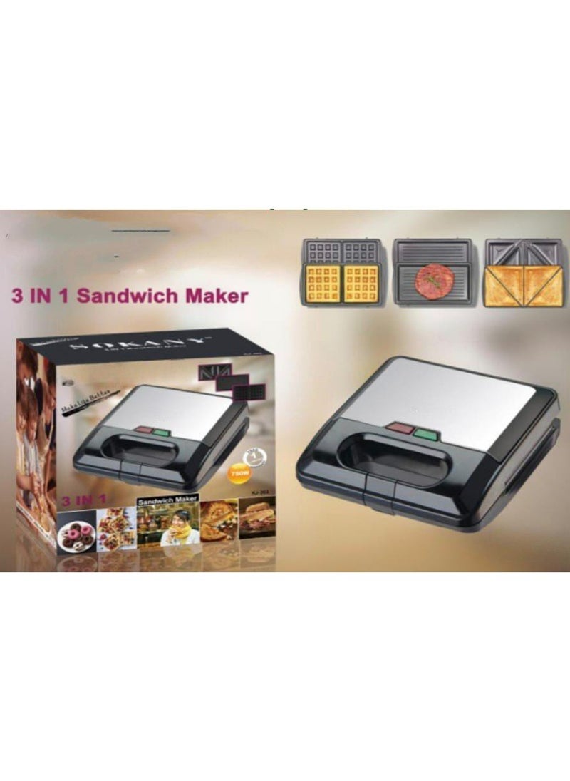 3 in 1 Sandwich Maker Waffle Grill Toaster | Non-Stick Breakfast Snack Maker | Interchangeable Plates for Sandwiches, Waffles & Grilled Foods | Compact Electric Kitchen Appliance for Home Use