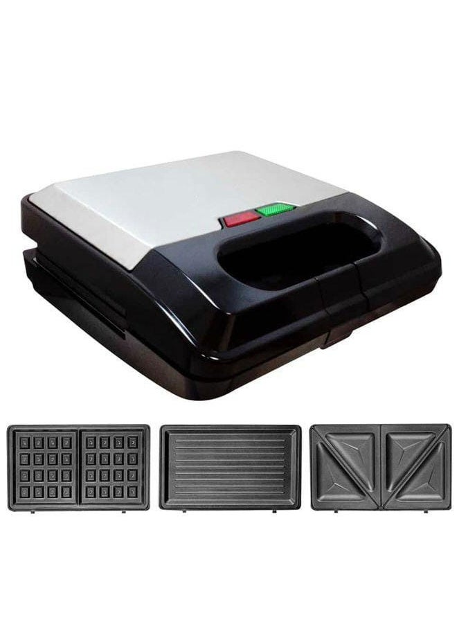 3 in 1 Sandwich Maker Waffle Grill Toaster | Non-Stick Breakfast Snack Maker | Interchangeable Plates for Sandwiches, Waffles & Grilled Foods | Compact Electric Kitchen Appliance for Home Use