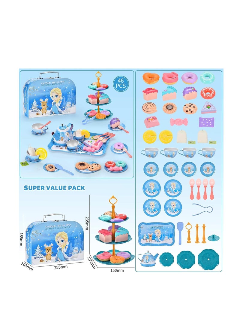 Little Girls Tea Party Set, Kitchen Playset, 48-Piece Elsa Princess Pretend Toy Kit with Tin Tea Set, Desserts, and Carrying Case - Kids Pretend Play Toys, Birthday Gift for 3-6 Year Old Girls