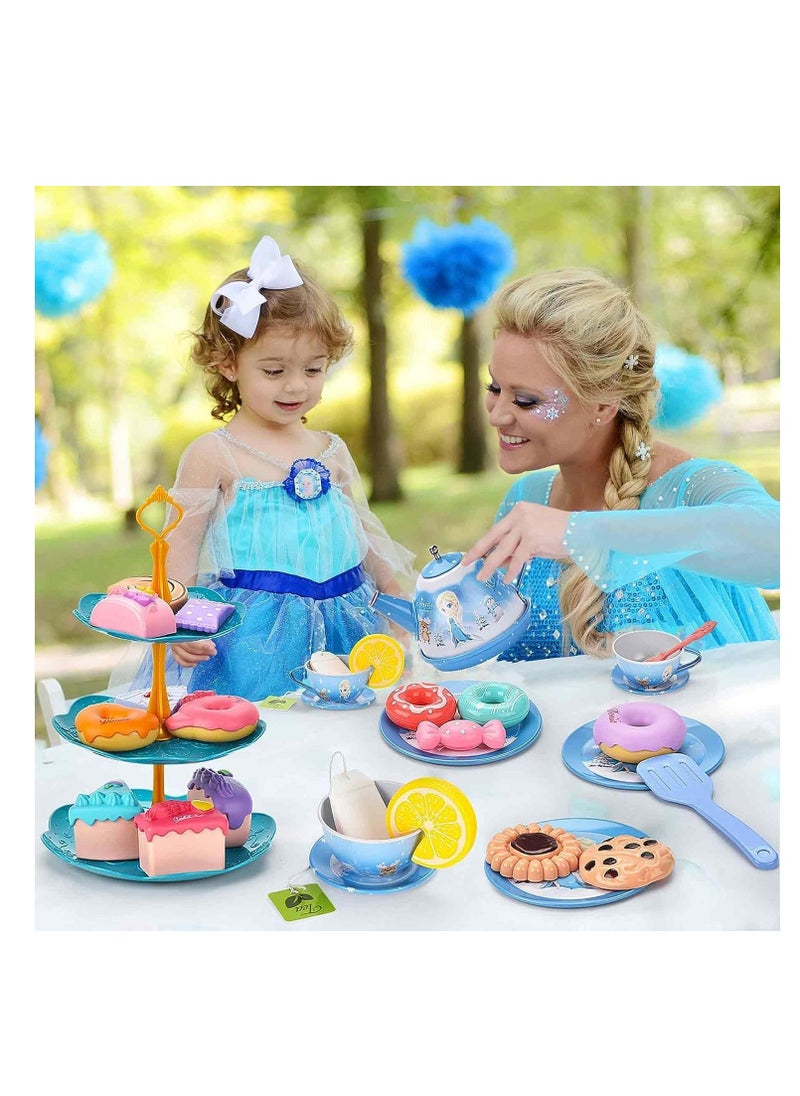 Little Girls Tea Party Set, Kitchen Playset, 48-Piece Elsa Princess Pretend Toy Kit with Tin Tea Set, Desserts, and Carrying Case - Kids Pretend Play Toys, Birthday Gift for 3-6 Year Old Girls