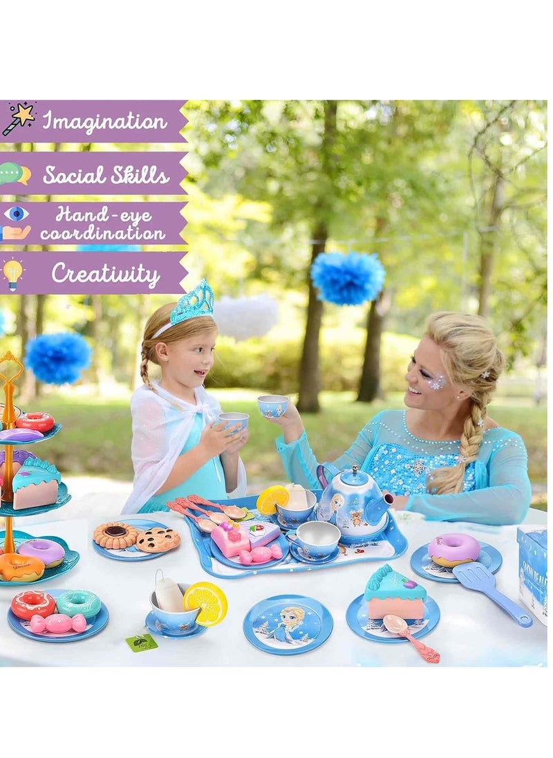 Little Girls Tea Party Set, Kitchen Playset, 48-Piece Elsa Princess Pretend Toy Kit with Tin Tea Set, Desserts, and Carrying Case - Kids Pretend Play Toys, Birthday Gift for 3-6 Year Old Girls