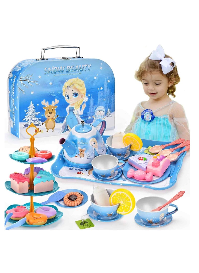 Little Girls Tea Party Set, Kitchen Playset, 48-Piece Elsa Princess Pretend Toy Kit with Tin Tea Set, Desserts, and Carrying Case - Kids Pretend Play Toys, Birthday Gift for 3-6 Year Old Girls