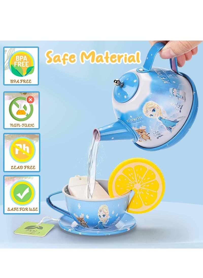 Little Girls Tea Party Set, Kitchen Playset, 48-Piece Elsa Princess Pretend Toy Kit with Tin Tea Set, Desserts, and Carrying Case - Kids Pretend Play Toys, Birthday Gift for 3-6 Year Old Girls
