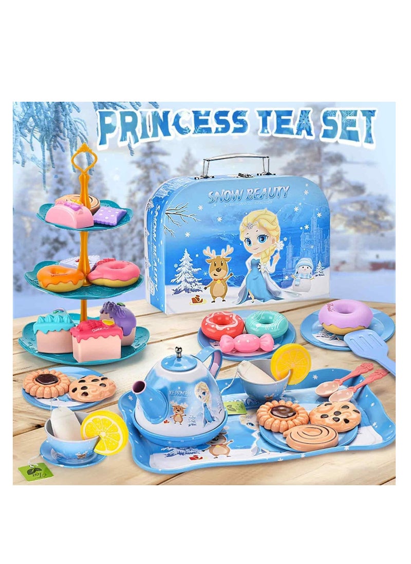 Little Girls Tea Party Set, Kitchen Playset, 48-Piece Elsa Princess Pretend Toy Kit with Tin Tea Set, Desserts, and Carrying Case - Kids Pretend Play Toys, Birthday Gift for 3-6 Year Old Girls
