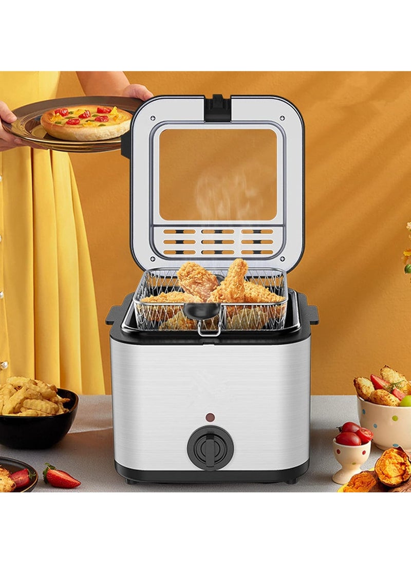 Electric Deep Fryer 2.5L Tank Deep Fat Fryer with Viewing Window Temperature Up to 180°C Stainless Steel Chip Fryer Cold Zone Technology Removable Oil Basket Automatic Fryer 1000W