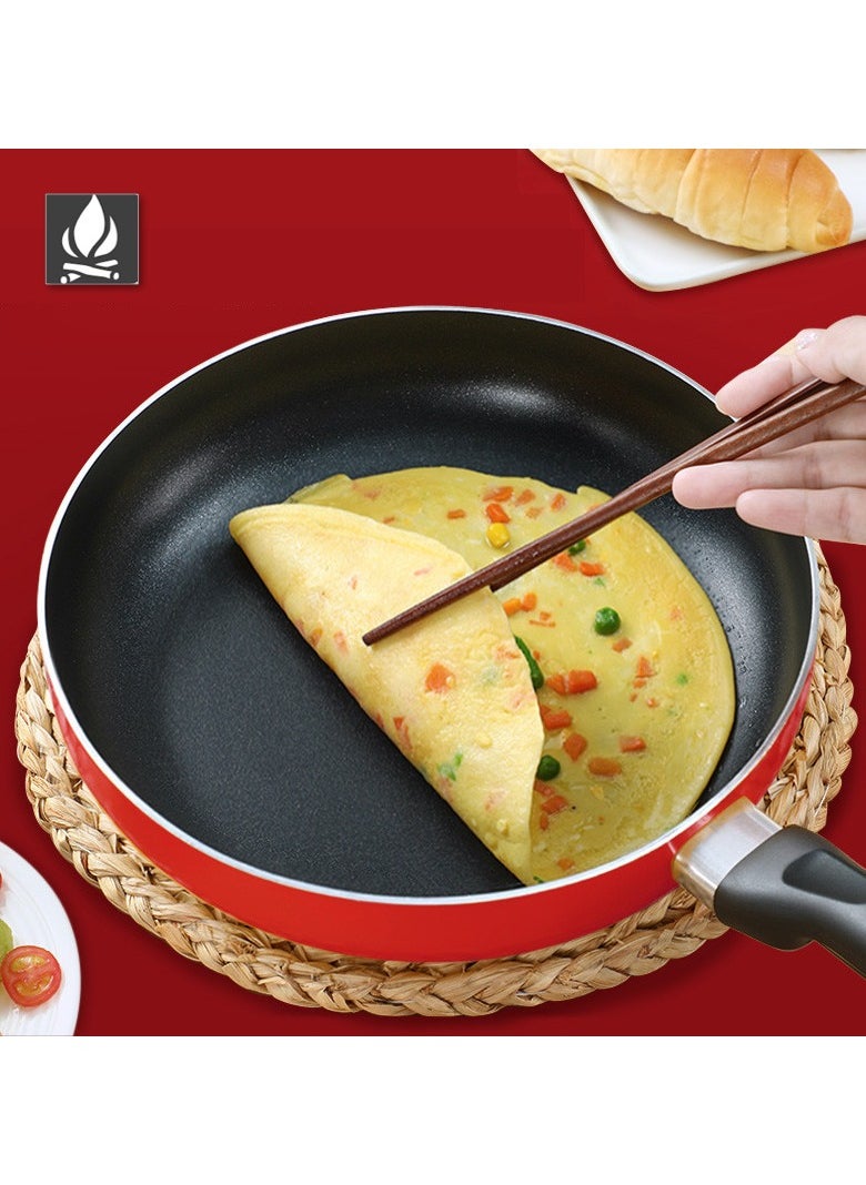 28x7.5cm Aluminium FryPan, Red  (Non-Stick Surface, Energy-Saving Cooking, compatible with electric, glass-ceramic, gas and induction stoves | Wood Finish Handles, Tempered Glass Lids, PFOA Free  | Frying Pan Casserole With Lid Saucepan Grill Pan Kitchen Tools)