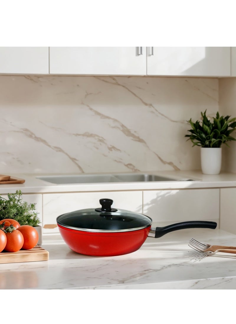 28x7.5cm Aluminium FryPan, Red  (Non-Stick Surface, Energy-Saving Cooking, compatible with electric, glass-ceramic, gas and induction stoves | Wood Finish Handles, Tempered Glass Lids, PFOA Free  | Frying Pan Casserole With Lid Saucepan Grill Pan Kitchen Tools)