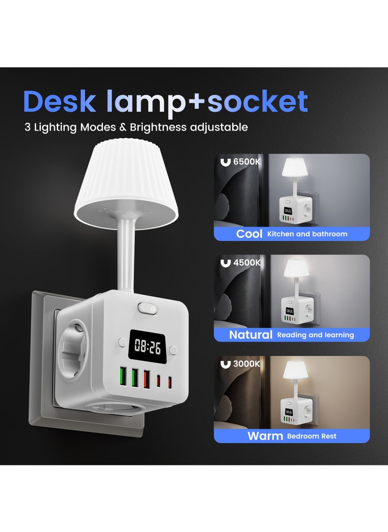 10in 1 Power Outlet Digital Alarm Clock with 2 USB-C Chargers, Desktop Charging Station, 3 AC Power Outlets, 3 USB-A, Power Cord with Surge Protector, Digital Display for Easy Alarm Setting, for Bed