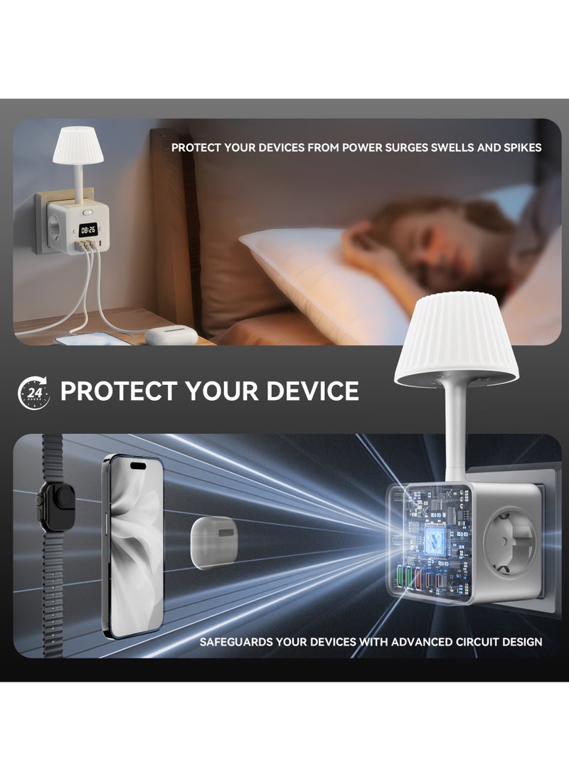 10in 1 Power Outlet Digital Alarm Clock with 2 USB-C Chargers, Desktop Charging Station, 3 AC Power Outlets, 3 USB-A, Power Cord with Surge Protector, Digital Display for Easy Alarm Setting, for Bed