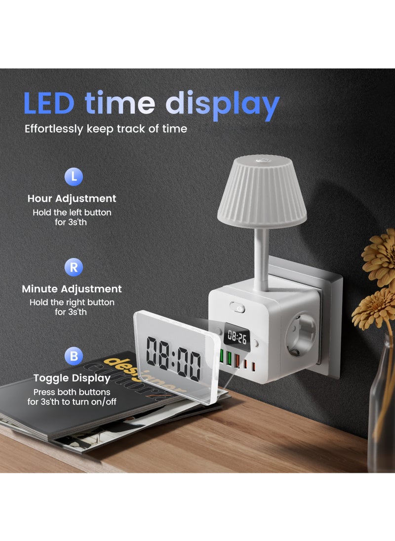10in 1 Power Outlet Digital Alarm Clock with 2 USB-C Chargers, Desktop Charging Station, 3 AC Power Outlets, 3 USB-A, Power Cord with Surge Protector, Digital Display for Easy Alarm Setting, for Bed