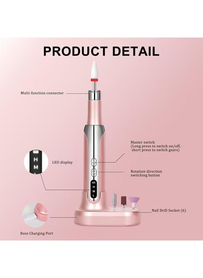 Electric Nail Drill, Cordless Nail Drill, Electric Nail File, Rechargeable Portable Nail Drill, Nail Drill Professional Set for Manicure Pedicure and Polishing with 12 Nail Drill Bits and 6 Sanding Bands (Rose)