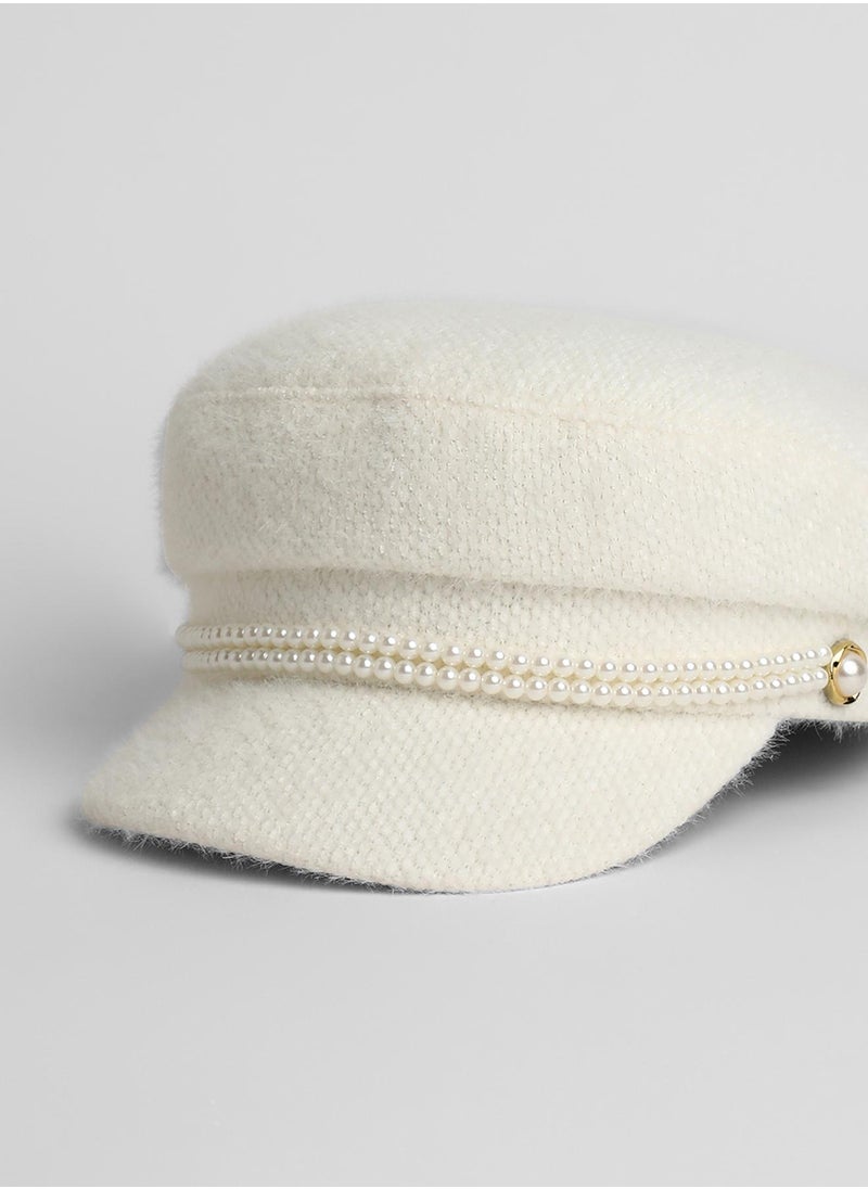 Pearl-Lined Breton Cap - Powder White