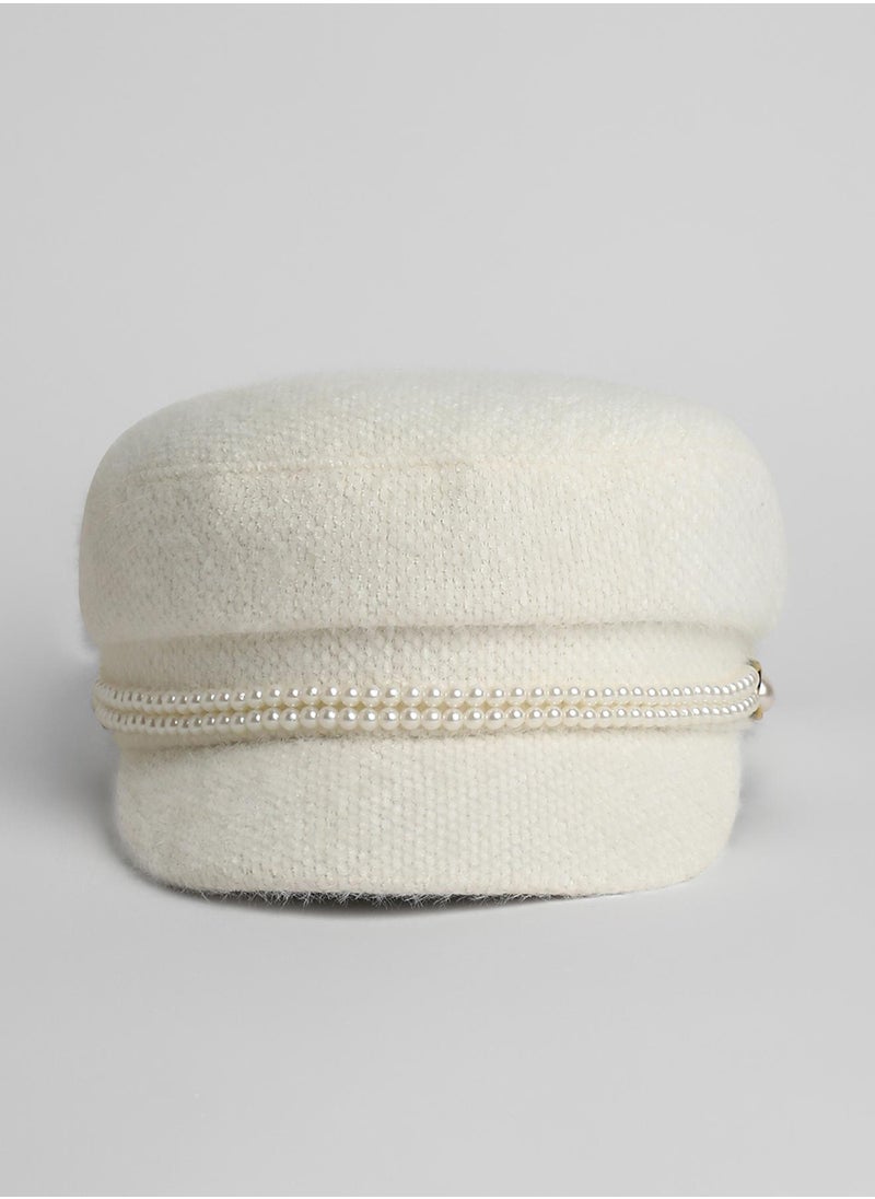 Pearl-Lined Breton Cap - Powder White