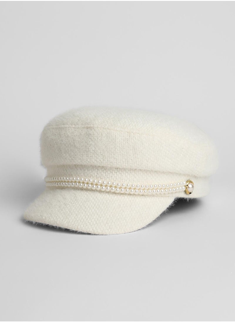 Pearl-Lined Breton Cap - Powder White