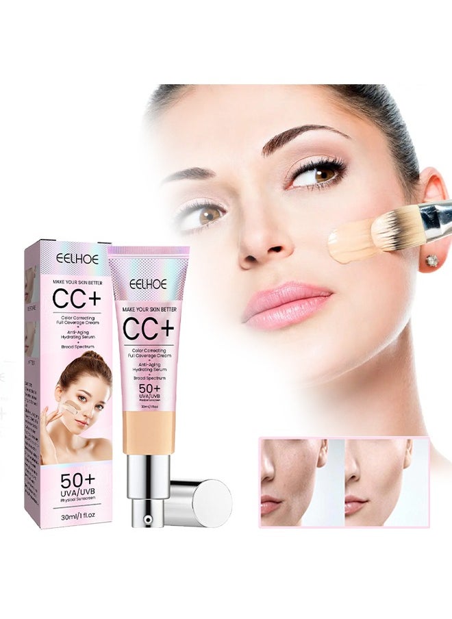 50+UVA/UVB Physical Suncreen，CC Cream SPF 50, CC Cream Foundation, Lightweight Full Coverage Hydrating Serum, Control Oil and Moisturize Waterproof Long Lasting Matte Color Correcting Cream（#01 Light） 30ml