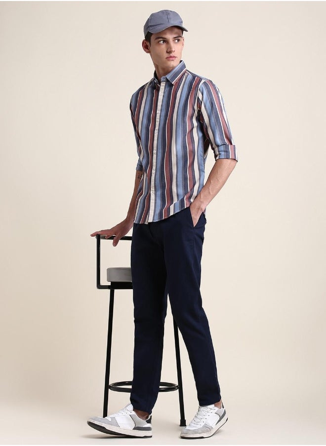 Red Slim Fit Cotton Striped Shirt for Men - Spread Collar, Full Sleeves, Casual,