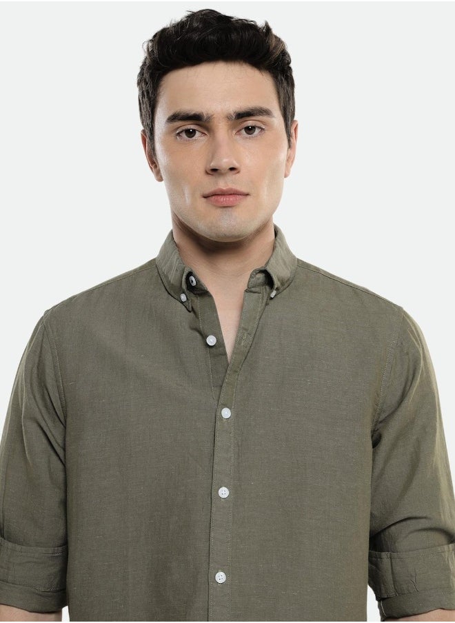 Olive Slim Fit Solid Shirt for Men - Cotton, Full Sleeves, Button Down Collar, Casual