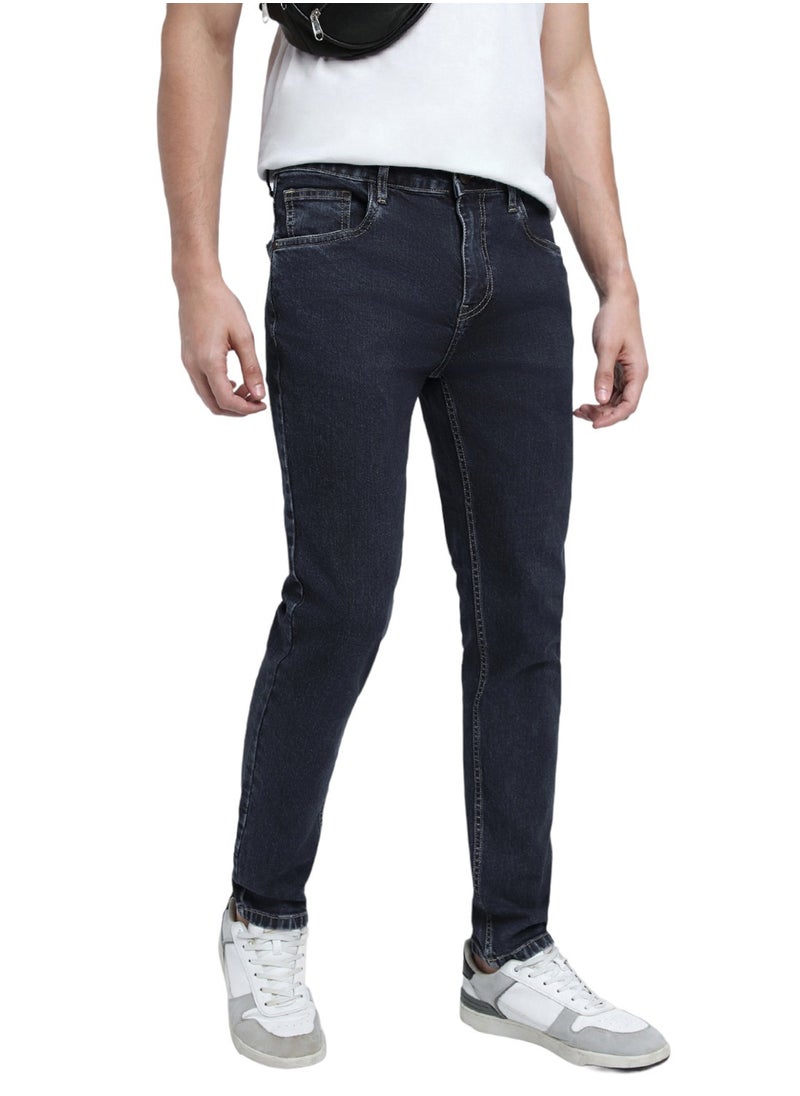 Slim Fit Indigo Men's Cotton Poly Stretch Jeans with Button & Zip Closure