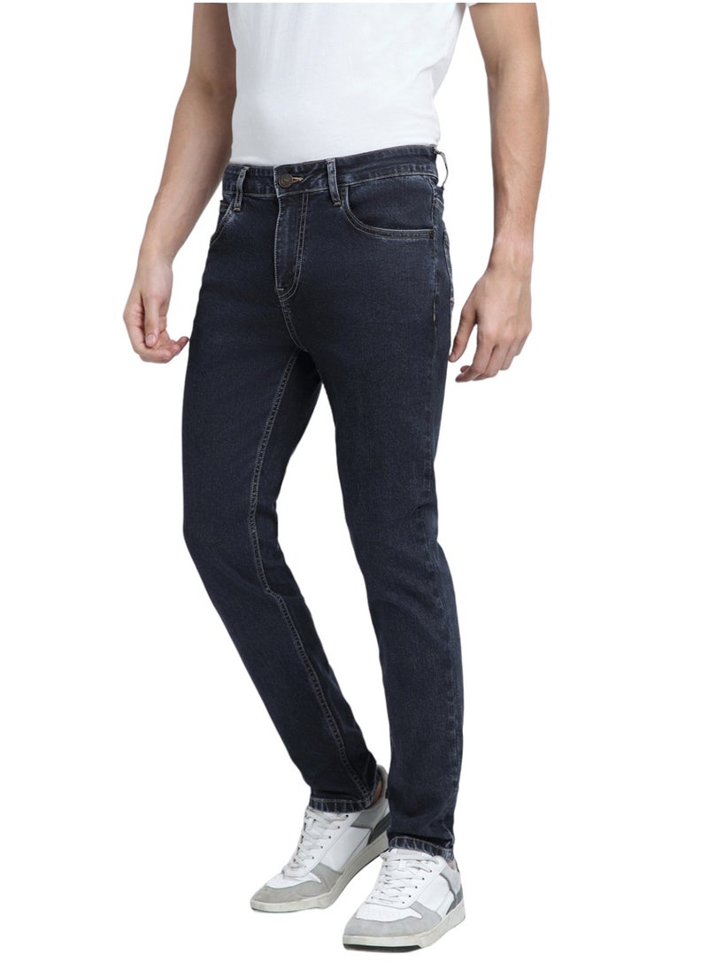 Slim Fit Indigo Men's Cotton Poly Stretch Jeans with Button & Zip Closure