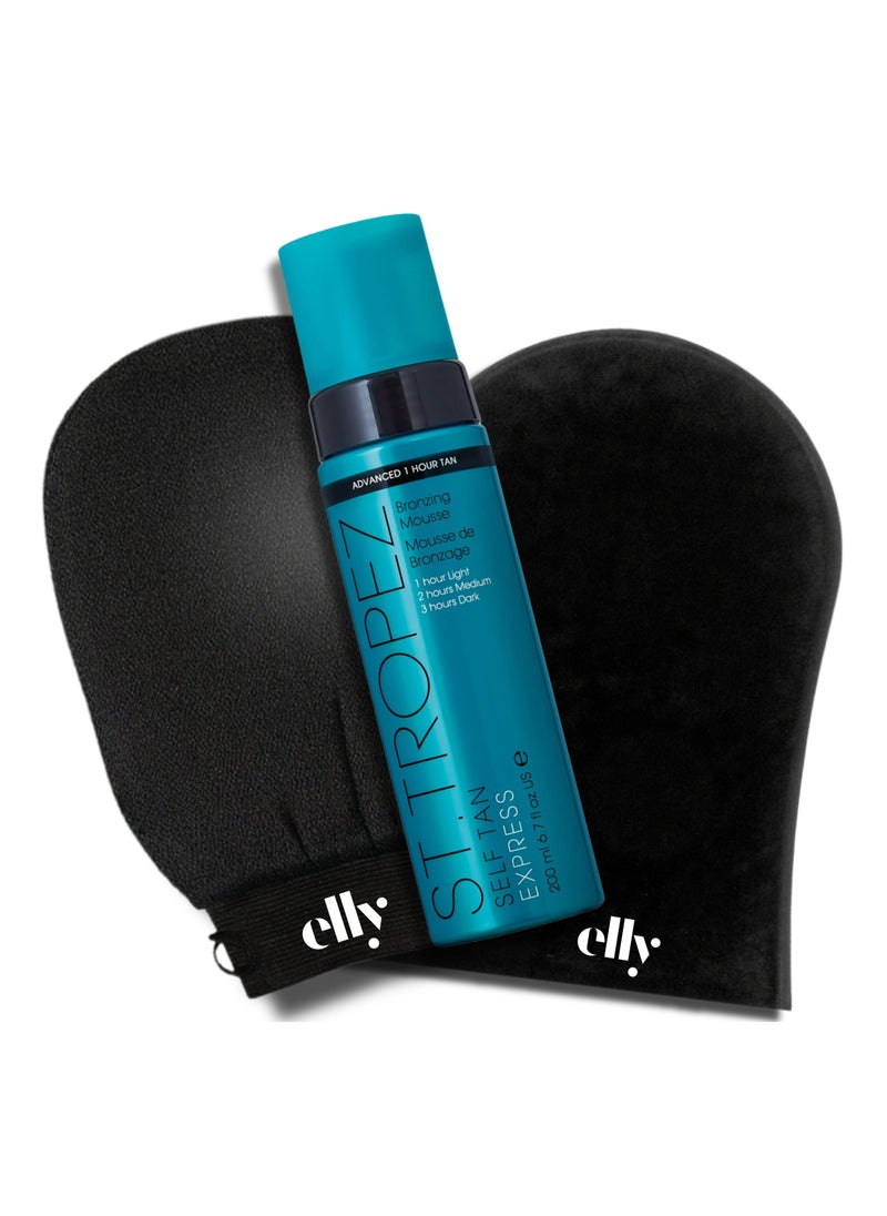 St.Tropez Kit Express Mousse Fake Tan 200ml, Elly Exfoliator Glove, Elly Application glove.