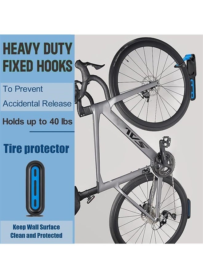 Wall Mounted Hook Bicycle Holder，Blue Garage Indoor Bike Rack Wall Mount Organizer Hook Bicycle Hanger Storage System Vertical Hanging for Indoor Shed Easily Hang Heavy Duty Space Saving for Road Mountain Hybrid Bikes
