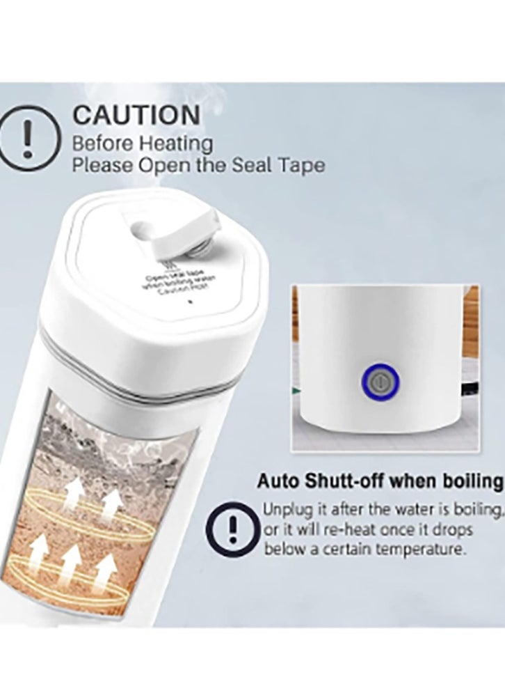 Portable Electric Kettle Stainless Steel Liner Travel Electric Cup Household Mini Heating Teapot Quick Cooking Single Cup Water Heater 350ml Thermos Bottle (White)