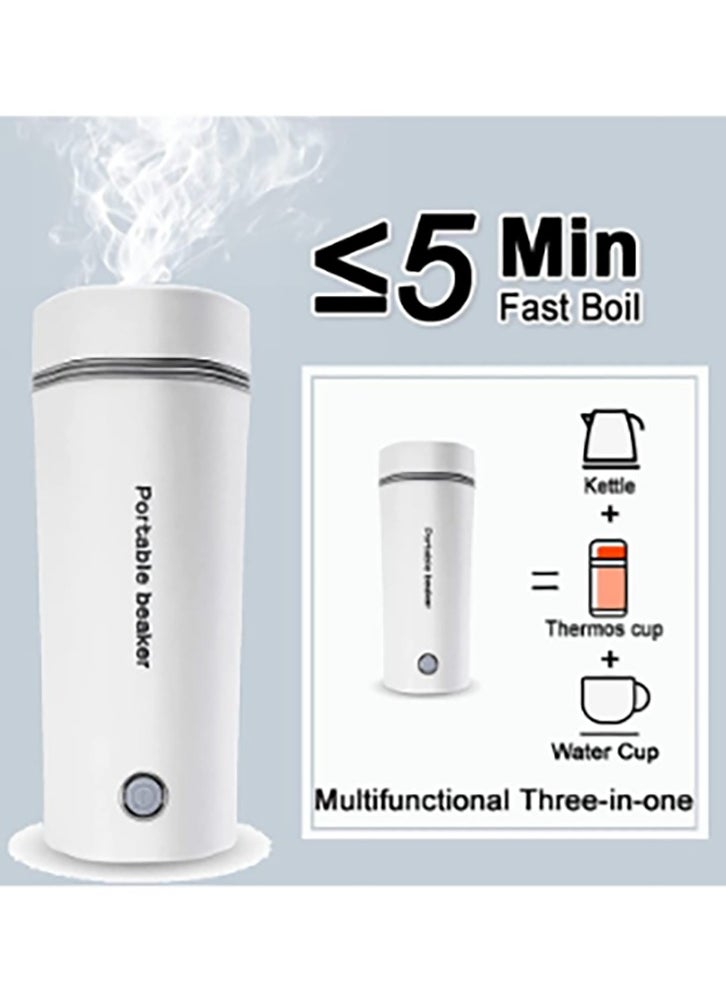 Portable Electric Kettle Stainless Steel Liner Travel Electric Cup Household Mini Heating Teapot Quick Cooking Single Cup Water Heater 350ml Thermos Bottle (White)
