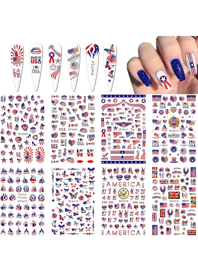 8 Sheets American Independence Day Nail Art Stickers, USA 3D Self-Adhesive Traditional Patriotic Element Acrylic Nail Decals for Fourth of July Memorial Day.