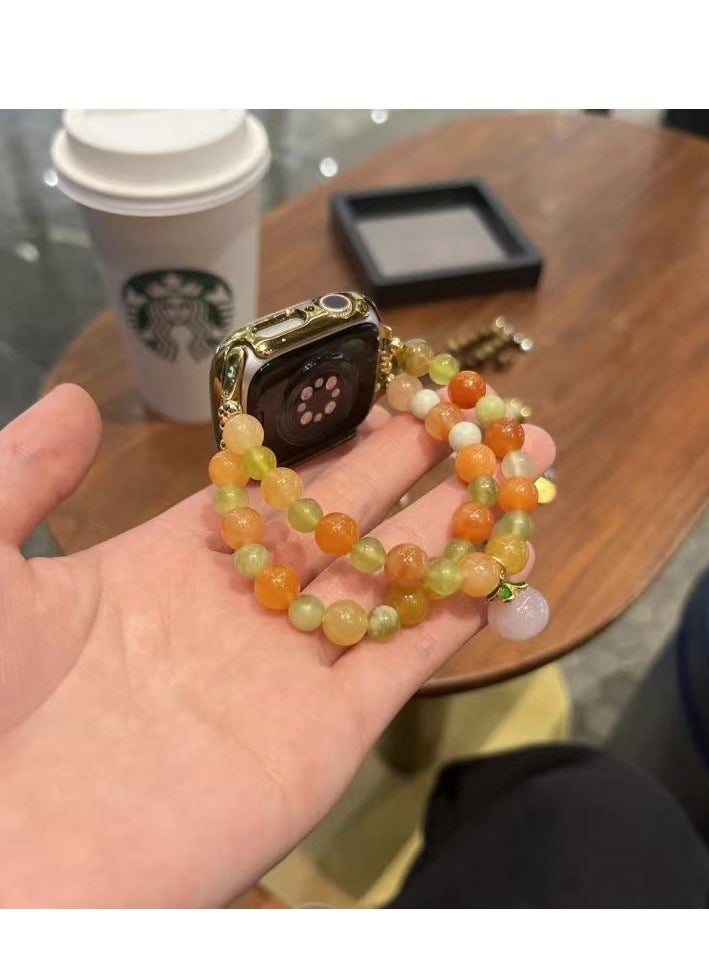Golden Silk Jade Peach Agate Handmade Beaded Watch Band AppleWatch Pink Peach Suitable Apple Watch Band 7/8/9E 44mm
