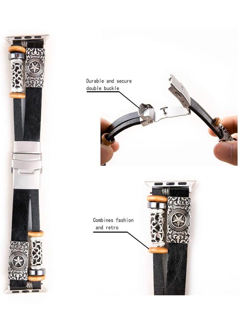 Compatible with Apple Watch Band 45mm 44mm 42mm 41mm 40mm 38mm 49mm, Handmade Leather Bracelets Boho Bead Strap Women Men Thin Slim Wristband Accessories for iwatch Series 9/8/7/SE/6/5/4/3/2/1/Ultra