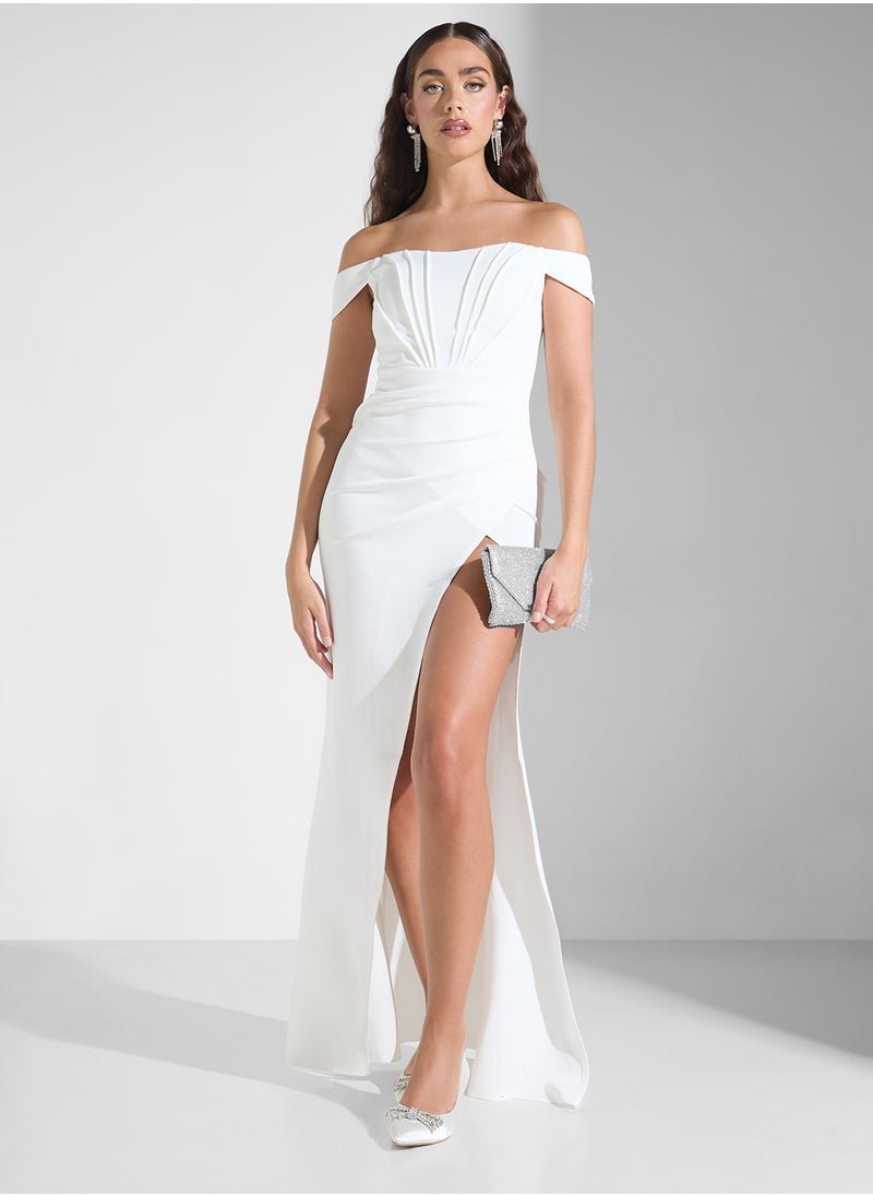 Off Shoulder Corset Bodice Gown With Slit