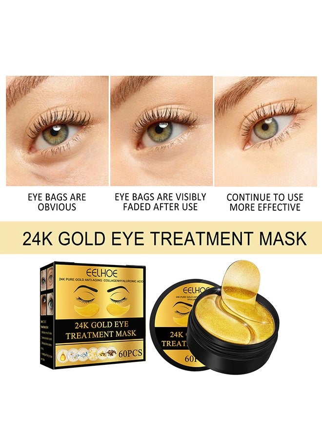24K Gold Eye Treatment Mask, 60 pcs of Collagen Gel Pads For Eye Care, Used for Puffy Eyes and Dark Circles, Dry Lines and Fine Lines, Helping To Moisturize and Soothe Eyes and Protect Skin