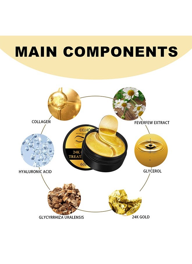 24K Gold Eye Treatment Mask, 60 pcs of Collagen Gel Pads For Eye Care, Used for Puffy Eyes and Dark Circles, Dry Lines and Fine Lines, Helping To Moisturize and Soothe Eyes and Protect Skin