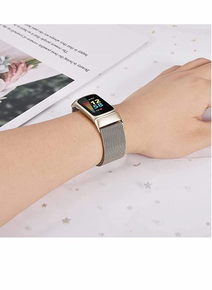 Compatible with Fitbit Charge 5 Bands Sets, 2 Pack Stainless Steel Metal Band Mesh Woven Magnetic Wristband Replacement for Fitbit Charge 5 Advanced Fitness  Health Tracker, Champaign Gold
