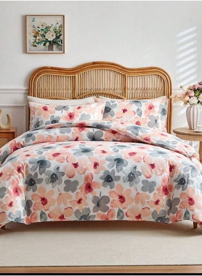 Queen size 6 piece duvet cover set pink and gray floral print.