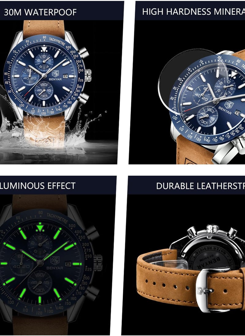 Men's Quartz Watches, Waterproof Sports Chronograph Watches, Men's Automatic Date Watches, Dial 45mm BY-5140 Silver Blue Leather