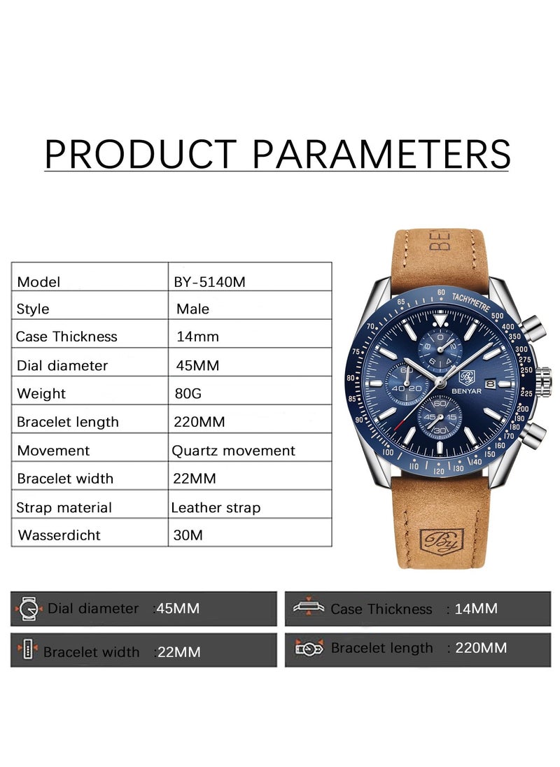 Men's Quartz Watches, Waterproof Sports Chronograph Watches, Men's Automatic Date Watches, Dial 45mm BY-5140 Silver Blue Leather
