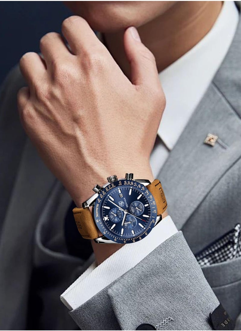 Men's Quartz Watches, Waterproof Sports Chronograph Watches, Men's Automatic Date Watches, Dial 45mm BY-5140 Silver Blue Leather