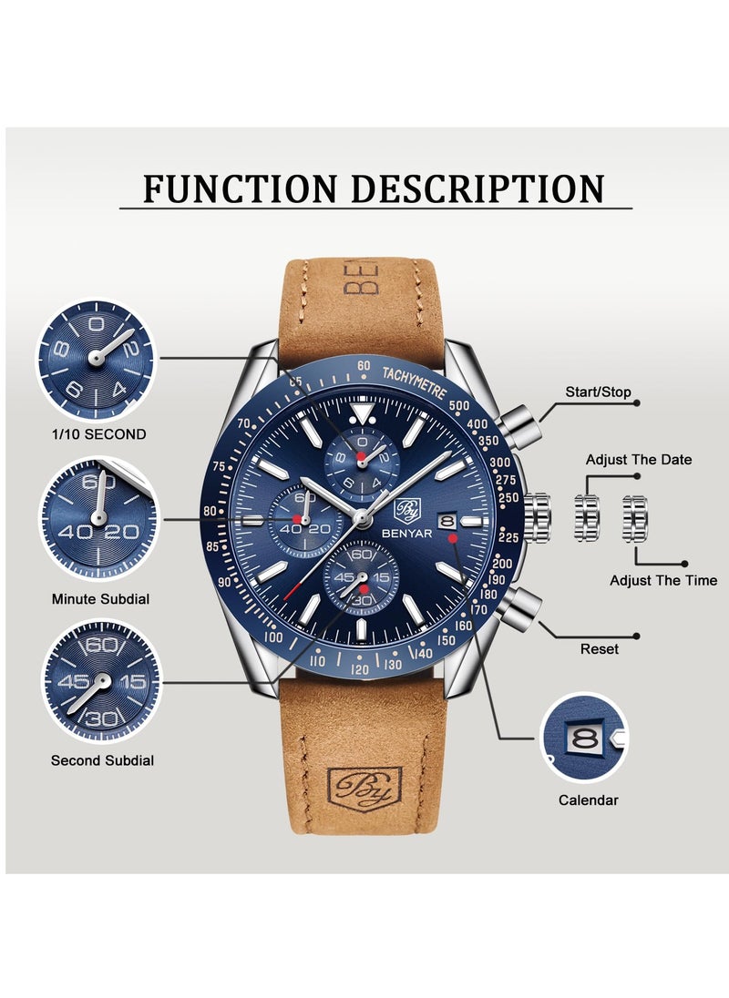 Men's Quartz Watches, Waterproof Sports Chronograph Watches, Men's Automatic Date Watches, Dial 45mm BY-5140 Silver Blue Leather