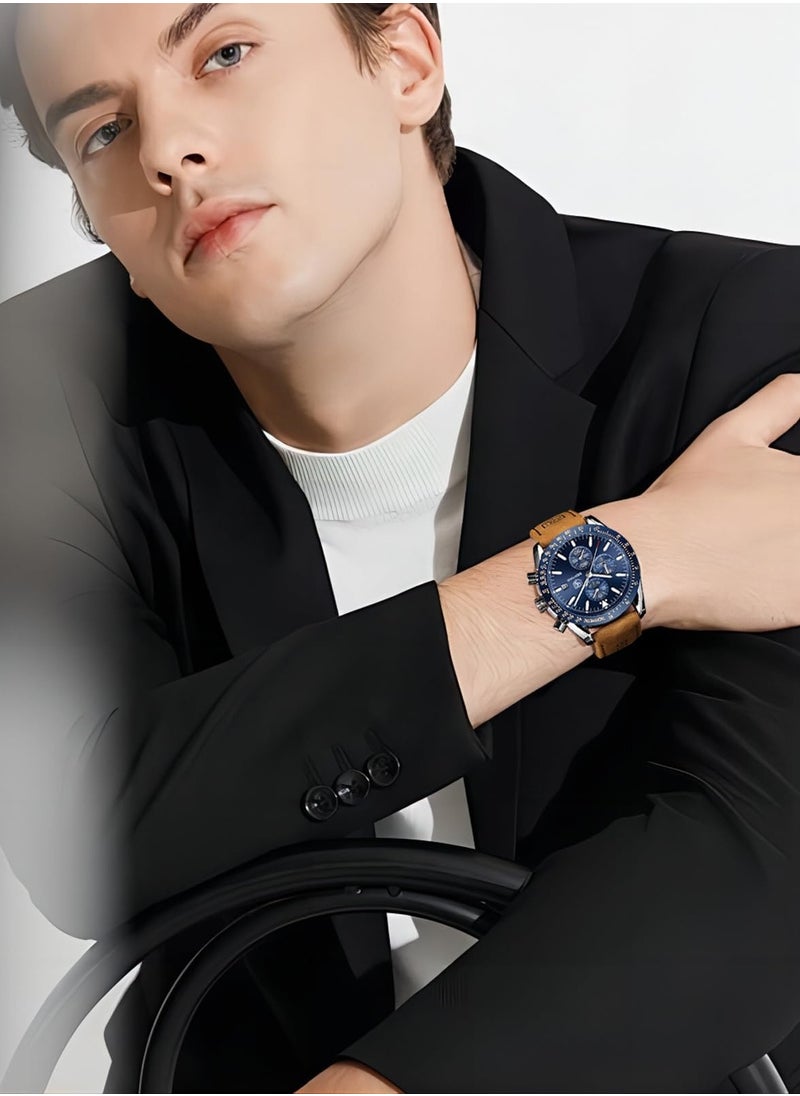 Men's Quartz Watches, Waterproof Sports Chronograph Watches, Men's Automatic Date Watches, Dial 45mm BY-5140 Silver Blue Leather