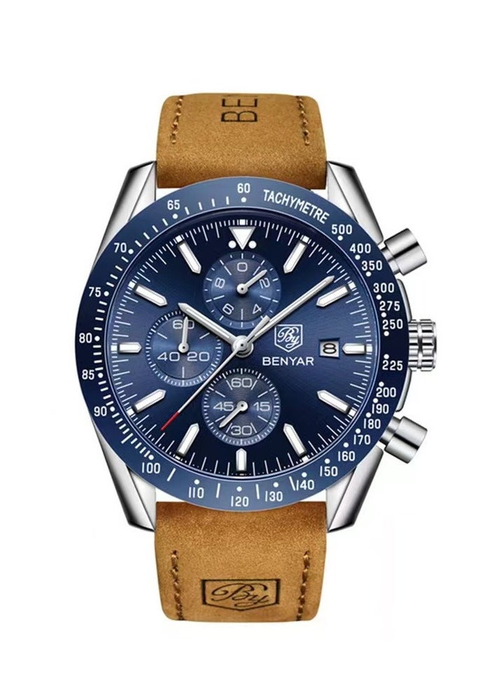 Men's Quartz Watches, Waterproof Sports Chronograph Watches, Men's Automatic Date Watches, Dial 45mm BY-5140 Silver Blue Leather
